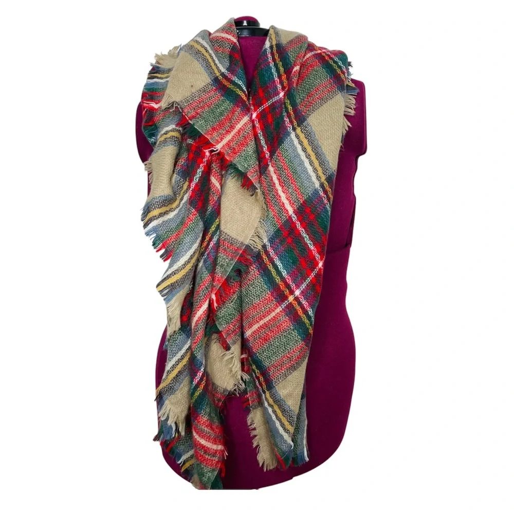 Vintage plaid multicolor blanket scarf fringe detailing perfect for Fall Winter